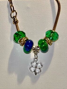 Gold-Tone Snake Chain Bracelet w/Green/Blue/Rhinestone Accents & Clover Charm